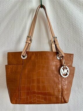 Michael Kors Jet Set Travel Tote Brown Croc Embossed Leather Shoulder Bag Purse